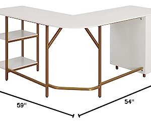 Techni Mobili L Shaped Desk - Two-Toned Computer Desk with Drawers & Storage Shelves - Simple Modern Furniture & Home Office Space Corner Table for Work & Writing