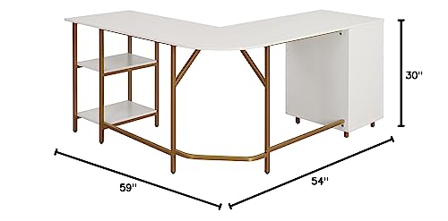 Techni Mobili L Shaped Desk - Two-Toned Computer Desk with Drawers & Storage Shelves - Simple Modern Furniture & Home Office Space Corner Table for Work & Writing