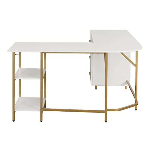 Techni Mobili L Shaped Desk - Two-Toned Computer Desk with Drawers & Storage Shelves - Simple Modern Furniture & Home Office Space Corner Table for Work & Writing