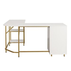 Techni Mobili L Shaped Desk - Two-Toned Computer Desk with Drawers & Storage Shelves - Simple Modern Furniture & Home Office Space Corner Table for Work & Writing