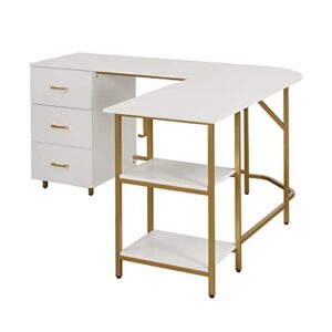 Techni Mobili L Shaped Desk - Two-Toned Computer Desk with Drawers & Storage Shelves - Simple Modern Furniture & Home Office Space Corner Table for Work & Writing