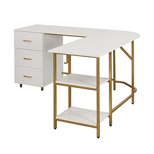 Techni Mobili L Shaped Desk - Two-Toned Computer Desk with Drawers & Storage Shelves - Simple Modern Furniture & Home Office Space Corner Table for Work & Writing