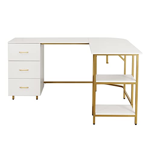 Techni Mobili L Shaped Desk - Two-Toned Computer Desk with Drawers & Storage Shelves - Simple Modern Furniture & Home Office Space Corner Table for Work & Writing