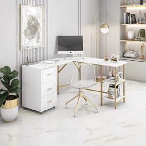 Techni Mobili L Shaped Desk - Two-Toned Computer Desk with Drawers & Storage Shelves - Simple Modern Furniture & Home Office Space Corner Table for Work & Writing