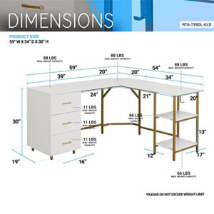 Techni Mobili L Shaped Desk - Two-Toned Computer Desk with Drawers & Storage Shelves - Simple Modern Furniture & Home Office Space Corner Table for Work & Writing