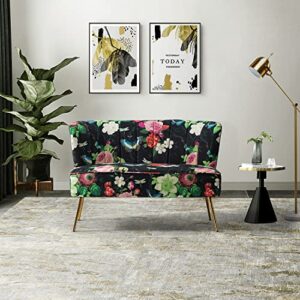 hulala home mid-century loveseat sofa with metal legs, comfy upholstered small love seat couch, floral patterns 2-seat armless couch with tufted back for living room, apartment small spaces(black)