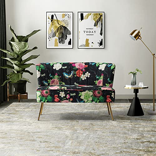 HULALA HOME Mid-Century Loveseat Sofa with Metal Legs, Comfy Upholstered Small Love Seat Couch, Floral Patterns 2-Seat Armless Couch with Tufted Back for Living Room, Apartment Small Spaces(Black)