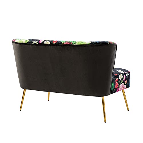 HULALA HOME Mid-Century Loveseat Sofa with Metal Legs, Comfy Upholstered Small Love Seat Couch, Floral Patterns 2-Seat Armless Couch with Tufted Back for Living Room, Apartment Small Spaces(Black)