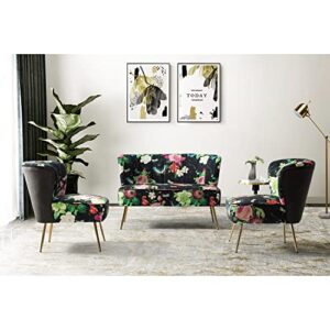 HULALA HOME Mid-Century Loveseat Sofa with Metal Legs, Comfy Upholstered Small Love Seat Couch, Floral Patterns 2-Seat Armless Couch with Tufted Back for Living Room, Apartment Small Spaces(Black)