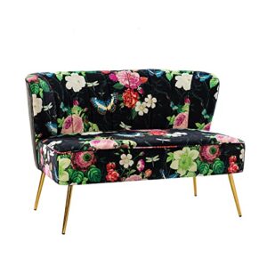 HULALA HOME Mid-Century Loveseat Sofa with Metal Legs, Comfy Upholstered Small Love Seat Couch, Floral Patterns 2-Seat Armless Couch with Tufted Back for Living Room, Apartment Small Spaces(Black)