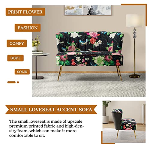 HULALA HOME Mid-Century Loveseat Sofa with Metal Legs, Comfy Upholstered Small Love Seat Couch, Floral Patterns 2-Seat Armless Couch with Tufted Back for Living Room, Apartment Small Spaces(Black)