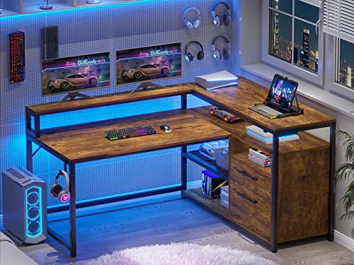 SEDETA L Shaped Computer Desk, 59'' Corner Office Desk, Office Desk with Drawers, Legal/Letter/A4 File Drawers, Headphone Hook and Monitor Shelf, Home Office Desks for Printer, Rustic Brown