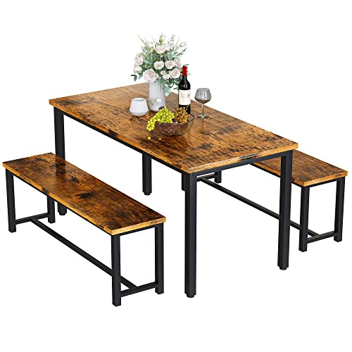 Recaceik 47" Dining Room Table Set with 2 Benches, Kitchen Dining Table Set for 4 Persons, Space Saving Kitchen Table and Chair Set for Dining Room, Small Space, Breakfast Nook(Brown)