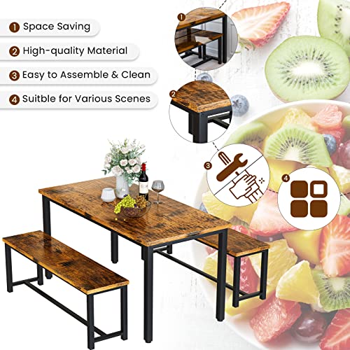 Recaceik 47" Dining Room Table Set with 2 Benches, Kitchen Dining Table Set for 4 Persons, Space Saving Kitchen Table and Chair Set for Dining Room, Small Space, Breakfast Nook(Brown)