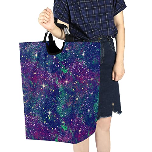 Exnundod Galaxy Night Cosmos Laundry Basket Glitter Stars Large Laundry Hamper Folding Clothes Bag with Handle Oxford Clothes Washing Bin 22.7 Inch