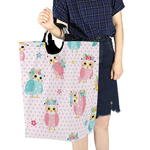 Exnundod Cute Flower Owls Laundry Basket Cartoon Style Large Laundry Hamper Folding Clothes Bag with Handle Oxford Clothes Washing Bin 22.7 Inch
