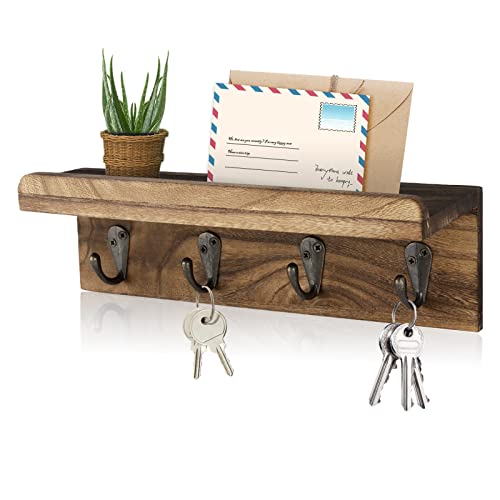 HRONRAD Rustic Key Holder for Wall, Farmhouse Wall Shelf with 4 Hooks, Wall Mounted Key Racks, Wooden Mail Organizer with Hooks for Entryway