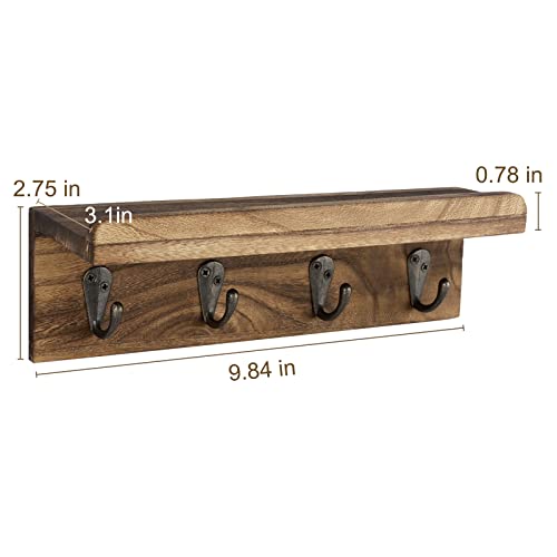 HRONRAD Rustic Key Holder for Wall, Farmhouse Wall Shelf with 4 Hooks, Wall Mounted Key Racks, Wooden Mail Organizer with Hooks for Entryway