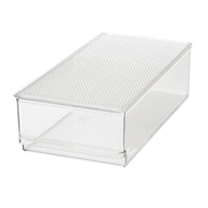 oggi clear stackable storage bin with lid - ideal for kitchen, pantry, cabinet, bathroom, bedroom, kids, refrigerator, freezer. with handles - organize jars, packets, snacks, pasta - 12x4x4