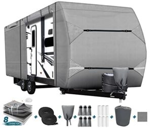 toy hauler 27'-30' travel trailer rv cover, uv protection camper covers 8 layers top waterproof windproof moving trailer motorhome cover universial fit with 6 gutter spout covers 1 storage bag