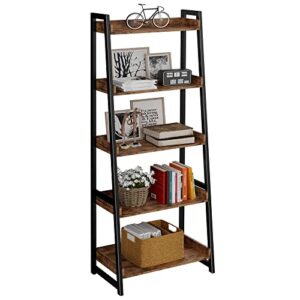 ironck industrial bookshelves 5-tier ladder shelf, storage shelves rack shelf unit, wood look accent furniture metal frame for home office, bathroom, living room