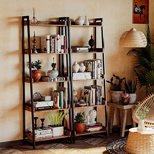 IRONCK Industrial Bookshelves 5-Tier Ladder Shelf, Storage Shelves Rack Shelf Unit, Wood Look Accent Furniture Metal Frame for Home Office, Bathroom, Living Room