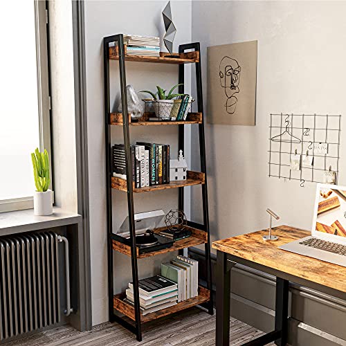 IRONCK Industrial Bookshelves 5-Tier Ladder Shelf, Storage Shelves Rack Shelf Unit, Wood Look Accent Furniture Metal Frame for Home Office, Bathroom, Living Room