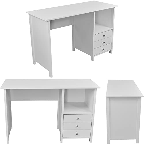 Techni Mobili White Desk with Drawers - Small Office Desk with 3 Cabinet Drawers, Open Shelf, & Laminated Wooden Panels Office & Study Table for Bedroom & Workstations