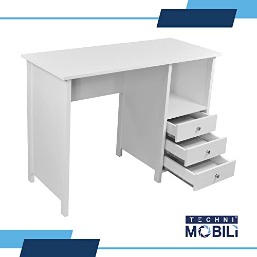 Techni Mobili White Desk with Drawers - Small Office Desk with 3 Cabinet Drawers, Open Shelf, & Laminated Wooden Panels Office & Study Table for Bedroom & Workstations