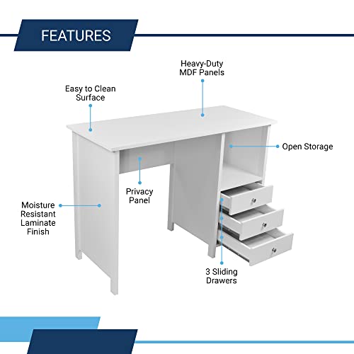 Techni Mobili White Desk with Drawers - Small Office Desk with 3 Cabinet Drawers, Open Shelf, & Laminated Wooden Panels Office & Study Table for Bedroom & Workstations