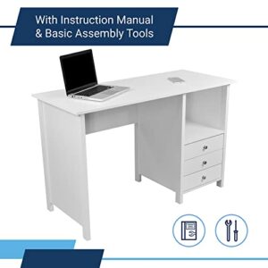 Techni Mobili White Desk with Drawers - Small Office Desk with 3 Cabinet Drawers, Open Shelf, & Laminated Wooden Panels Office & Study Table for Bedroom & Workstations