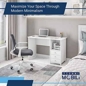 Techni Mobili White Desk with Drawers - Small Office Desk with 3 Cabinet Drawers, Open Shelf, & Laminated Wooden Panels Office & Study Table for Bedroom & Workstations