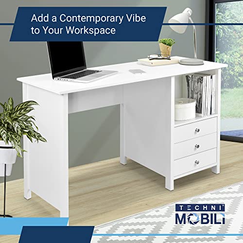 Techni Mobili White Desk with Drawers - Small Office Desk with 3 Cabinet Drawers, Open Shelf, & Laminated Wooden Panels Office & Study Table for Bedroom & Workstations