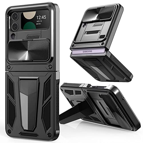 CASESTAR Military Armor Series Case for Samsung Galaxy Z Flip 4 / Z Flip 3，Build-in Kickstand & Camera Protection Sliding Cover - (Metallic Black)