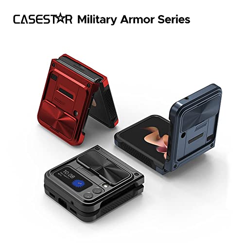 CASESTAR Military Armor Series Case for Samsung Galaxy Z Flip 4 / Z Flip 3，Build-in Kickstand & Camera Protection Sliding Cover - (Metallic Black)