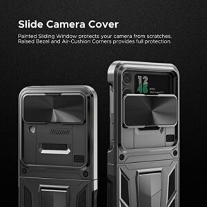 CASESTAR Military Armor Series Case for Samsung Galaxy Z Flip 4 / Z Flip 3，Build-in Kickstand & Camera Protection Sliding Cover - (Metallic Black)