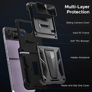 CASESTAR Military Armor Series Case for Samsung Galaxy Z Flip 4 / Z Flip 3，Build-in Kickstand & Camera Protection Sliding Cover - (Metallic Black)