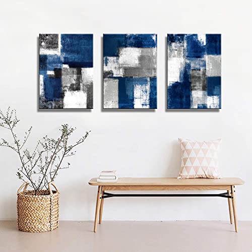 qorvami Blue and Gray Abstract Wall Art for Living Room Wall Decor Modern Paintings Canvas Prints Framed Art Ready To Hang for Bathroom Bedroom Office Decor Artwork Print Size:12x16 inch x 3 Piece