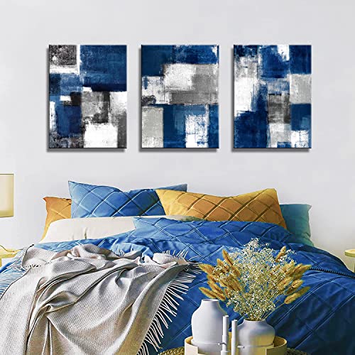 qorvami Blue and Gray Abstract Wall Art for Living Room Wall Decor Modern Paintings Canvas Prints Framed Art Ready To Hang for Bathroom Bedroom Office Decor Artwork Print Size:12x16 inch x 3 Piece