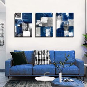 qorvami Blue and Gray Abstract Wall Art for Living Room Wall Decor Modern Paintings Canvas Prints Framed Art Ready To Hang for Bathroom Bedroom Office Decor Artwork Print Size:12x16 inch x 3 Piece