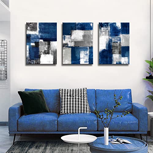 qorvami Blue and Gray Abstract Wall Art for Living Room Wall Decor Modern Paintings Canvas Prints Framed Art Ready To Hang for Bathroom Bedroom Office Decor Artwork Print Size:12x16 inch x 3 Piece