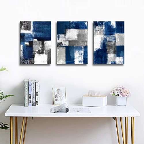 qorvami Blue and Gray Abstract Wall Art for Living Room Wall Decor Modern Paintings Canvas Prints Framed Art Ready To Hang for Bathroom Bedroom Office Decor Artwork Print Size:12x16 inch x 3 Piece