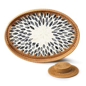 gaiamade large rattan mother of pearl inlay serving tray with 5 coasters (1 large, 4 small), coffee serving tray set, wicker serving tray for coffee table, breakfast and decoration, oval dark blue