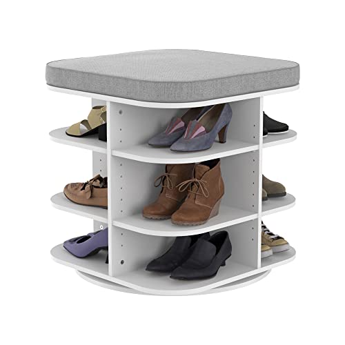 ClosetMaid Shoe Storage Bench Ottoman, Rotating with Gray Cushion, Adjustable, White Finish