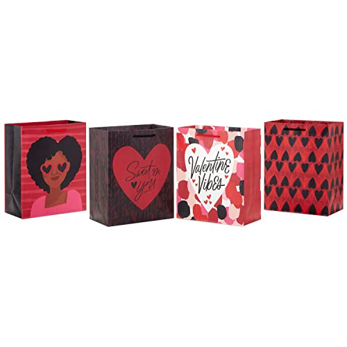 Hallmark Mahogany Valentine's Day 9" Medium Gift Bag Bundle (4 Bags: "Valentine Vibes," Hearts, Sweet on You") for Friends, Sisters, Galentines, Husband, Wife