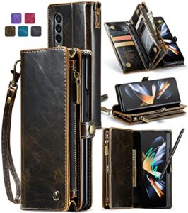 asapdos samsung galaxy z fold 4 wallet case with s pen holder,pu leather zipper folio screen protector flip case with magnetic closure[s-pen fully compatible],card holder and kickstand(luxury-coffee)
