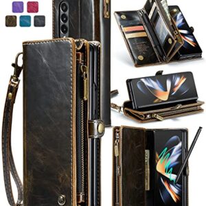 ASAPDOS Samsung Galaxy Z Fold 4 Wallet Case with S Pen Holder,PU Leather Zipper Folio Screen Protector Flip Case with Magnetic Closure[S-Pen Fully Compatible],Card Holder and Kickstand(Luxury-Coffee)