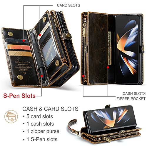 ASAPDOS Samsung Galaxy Z Fold 4 Wallet Case with S Pen Holder,PU Leather Zipper Folio Screen Protector Flip Case with Magnetic Closure[S-Pen Fully Compatible],Card Holder and Kickstand(Luxury-Coffee)