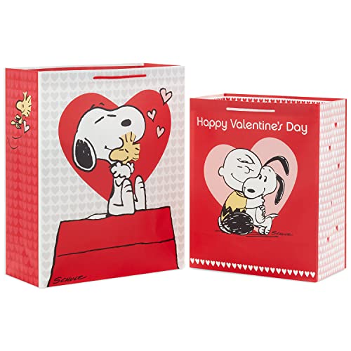 Hallmark Peanuts Valentine's Day Gift Bag Bundle (2 Bags: 1 Large 13", 1 Extra Large 15") with Charlie Brown, Snoopy, Woodstock