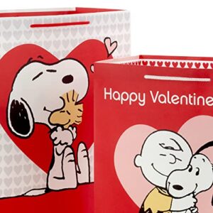 Hallmark Peanuts Valentine's Day Gift Bag Bundle (2 Bags: 1 Large 13", 1 Extra Large 15") with Charlie Brown, Snoopy, Woodstock